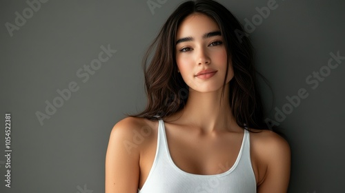 Beautiful woman in white T-shirt Female breast dark background