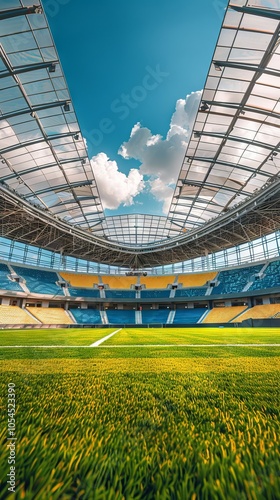 Panoramic view of an empty blue and yellow sports stadium under clear skiesy. Vertical photo