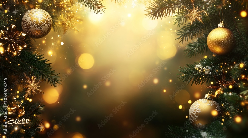 A Christmas tree with gold ornaments and a gold ribbon. The ribbon is wrapped around the tree and the ornaments are hanging from it A Christmas tree with gold ornaments and a gold ribbon. The ribbon is wrapped around the tree and the ornaments are hanging from it