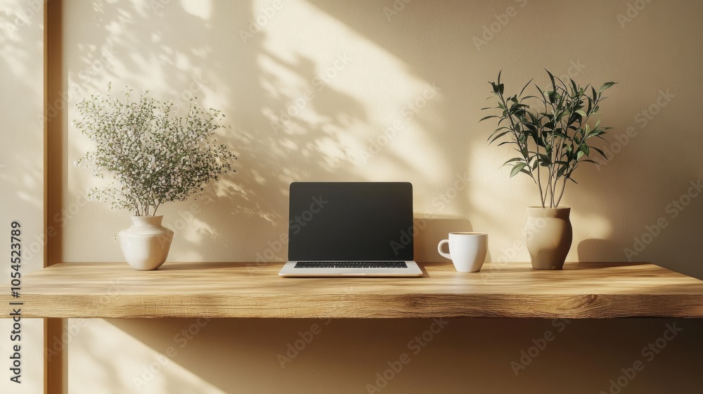 Fototapeta premium Laptop computer sitting on a wooden desk next to a plant