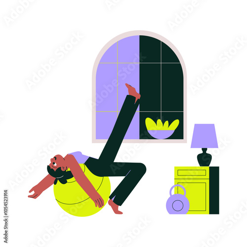 Ball balance workout with a woman indoors, isolated flat vector illustration symbolizing home fitness, balance training, and core strength exercises.
