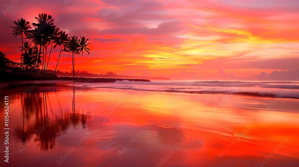 Tranquil lagoon at sunset with stunning sky ablaze in vibrant colors Tranquil lagoon at sunset with stunning sky ablaze in vibrant colors