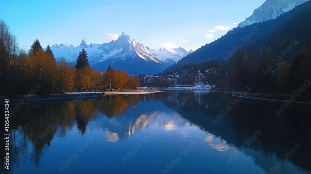 Scenic lake reflecting mountains and trees during sunset. Scenic lake reflecting mountains and trees during sunset.