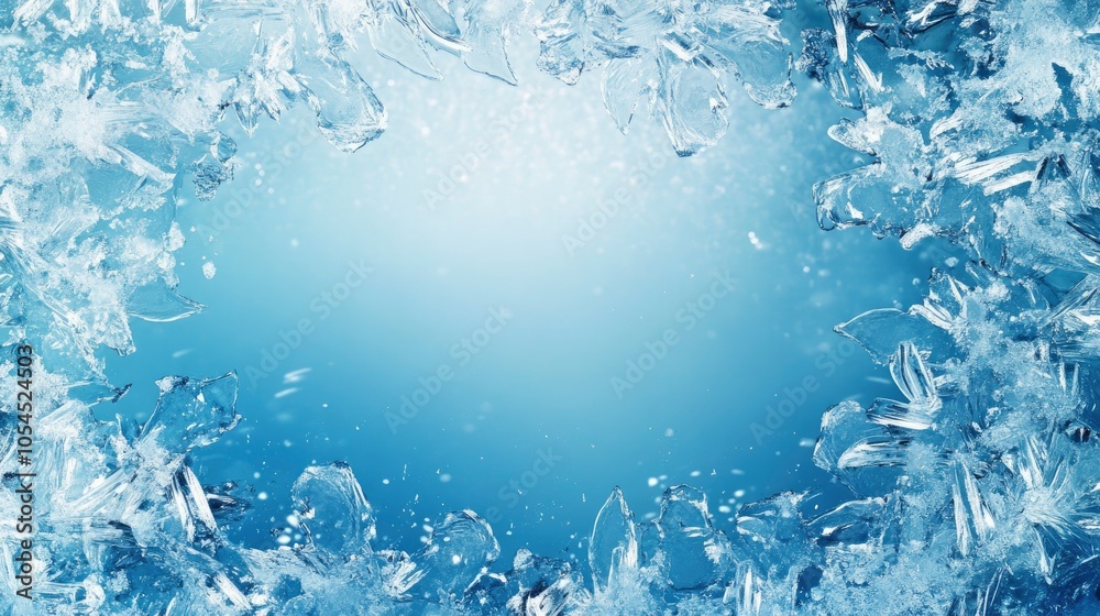 Gleaming shining ice frame, in the center of the composition frozen deep clear water