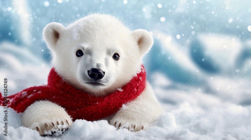 A cute polar bear cub wearing a red scarf looks up at the camera with big, curious eyes. A cute polar bear cub wearing a red scarf looks up at the camera with big, curious eyes.