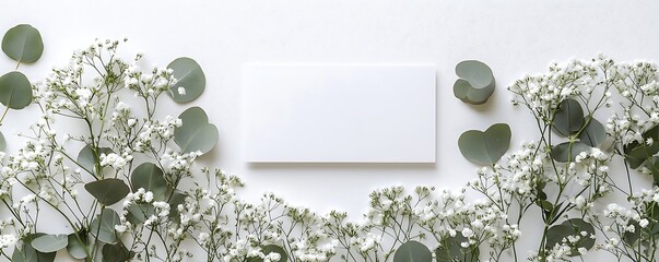 Elegant babya??s breath and eucalyptus arrangement with a blank greeting card on a white background.