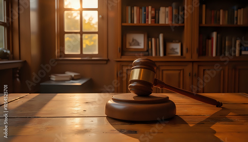 Judicial gavel resting on a wooden desk in a law office with warm sunlight