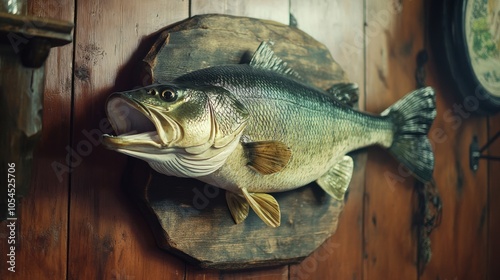 A mounted fish trophy displayed on a wooden wall, showcasing a bass in a rustic setting.