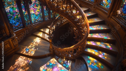 A spiral staircase with intricate wooden details and stained glass windows casting colorful light on the steps.