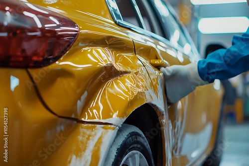 Expert technician applying putty to a yellow car post-accident in a repair shop photo