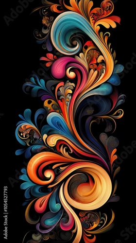 A vibrant swirl of colorful, abstract floral patterns against a black background.