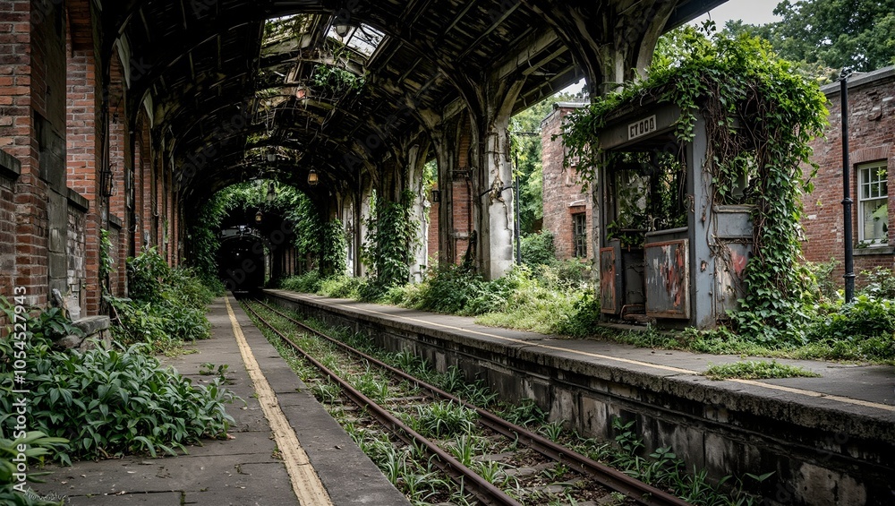 Eerie abandoned train station overgrown with moss vines and rusted tracks Eerie abandoned train station overgrown with moss vines and rusted tracks