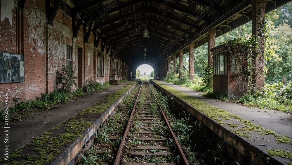 Eerie abandoned train station overgrown with moss vines and rusted tracks Eerie abandoned train station overgrown with moss vines and rusted tracks