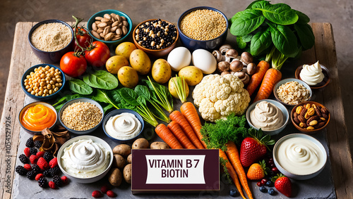 Various fresh food vegetables, fruits, with the sign inscription vitamin B8 Inositol photo