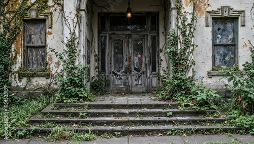 Abandoned vintage theater with weathered marquee boarded doors and overgrown facade photo