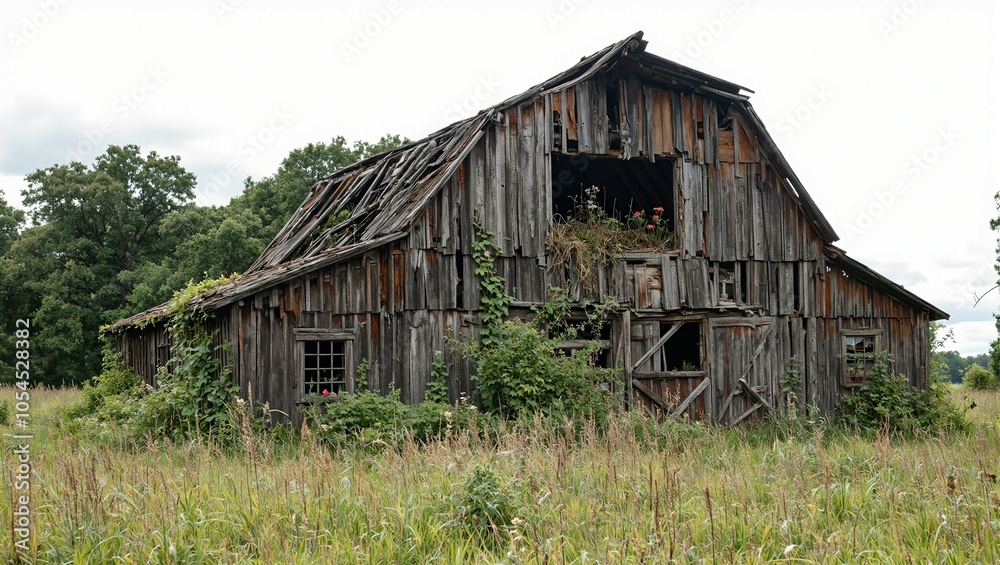 Abandoned barn with collapsed roof vines creeping on walls wildflowers and weeds in hayloft Abandoned barn with collapsed roof vines creeping on walls wildflowers and weeds in hayloft