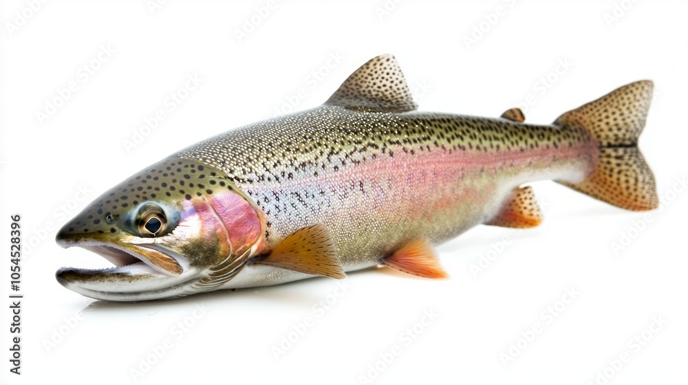 Rainbow Trout displays its stunning coloration and intricate patterns against a clean white background highlighting its beauty and uniqueness in freshwater ecosystems. Rainbow Trout displays its stunning coloration and intricate patterns against a clean white background highlighting its beauty and uniqueness in freshwater ecosystems.