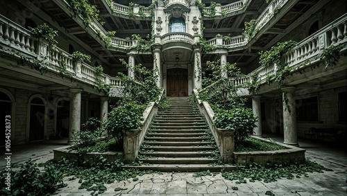 Abandoned hotel with crumbling facade overgrown with foliage exuding mystery and decay photo