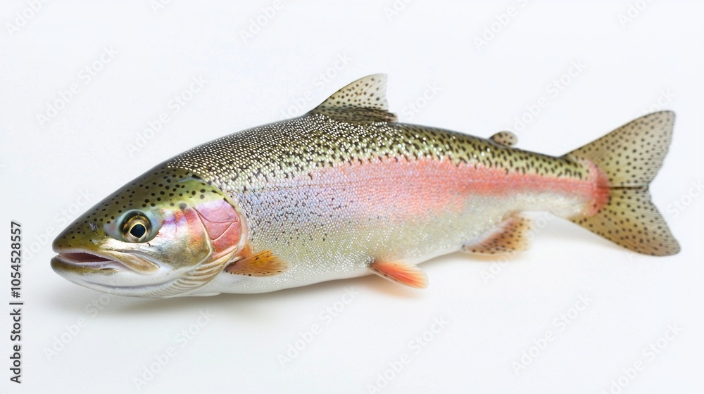 Rainbow Trout known as Oncorhynchus mykiss is prominently showcased against a white background highlighting its striking colors and patterns. Its detailed features are clearly visible. Rainbow Trout known as Oncorhynchus mykiss is prominently showcased against a white background highlighting its striking colors and patterns. Its detailed features are clearly visible.