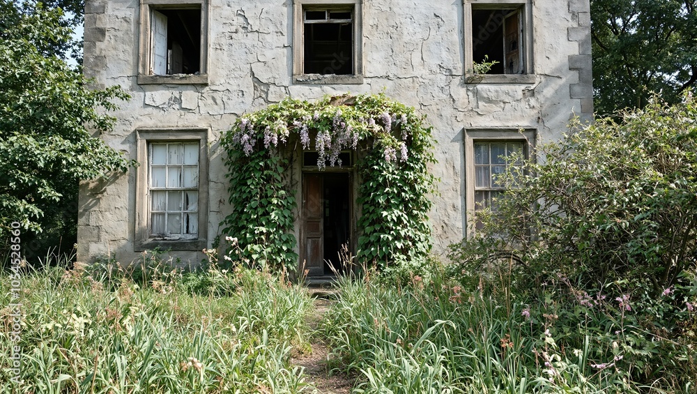Abandoned manor house with overgrown garden and boarded windows