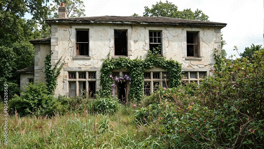 Abandoned manor house with overgrown garden and boarded windows Abandoned manor house with overgrown garden and boarded windows