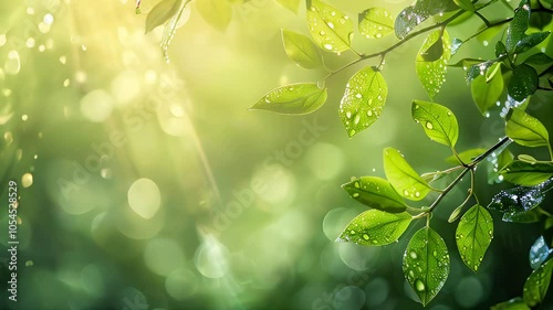 Lush green leaves with water droplets in a soft glowing background. Created with Generative AI