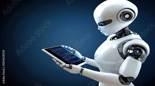 A white humanoid robot examines programming code on a computer screen, set against a deep blue backdrop, highlighting futuristic innovation