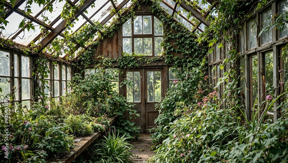 Overgrown Victorian greenhouse with rusted metal frames broken glass teeming with wild foliage Overgrown Victorian greenhouse with rusted metal frames broken glass teeming with wild foliage