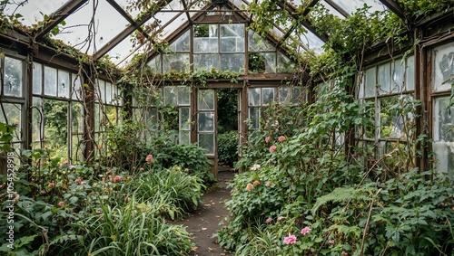 Overgrown Victorian greenhouse with rusted metal frames broken glass teeming with wild foliage