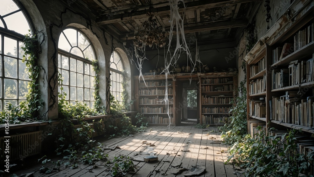 Eerie abandoned library with arched windows dusty shelves overgrown vines and a hanging chandelier Eerie abandoned library with arched windows dusty shelves overgrown vines and a hanging chandelier