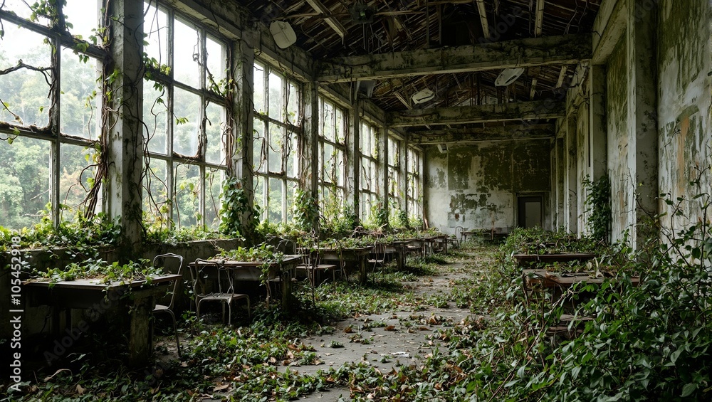 Eerie post apocalyptic office overrun by nature