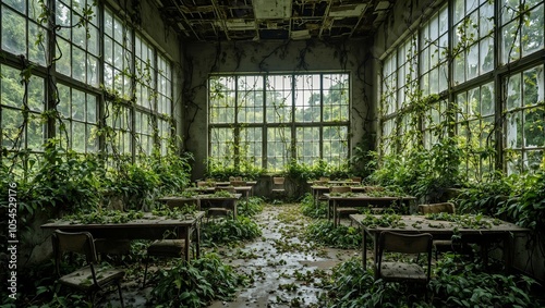 Eerie post apocalyptic office overrun by nature photo