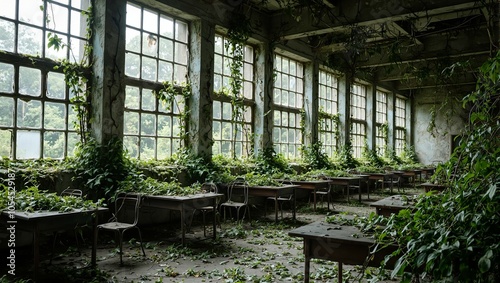 Eerie post apocalyptic office overrun by nature