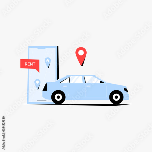Car with map pin and mobile app interface in flat vector illustration symbolizing car rental, navigation, and vehicle booking, isolated on white background.