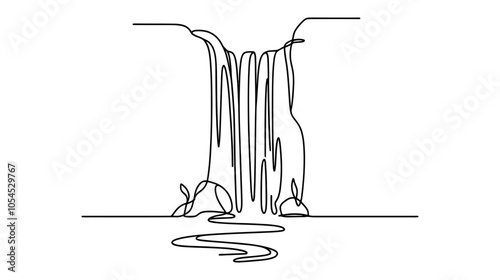 One continuous line illustration of a waterfall, isolated on white background.