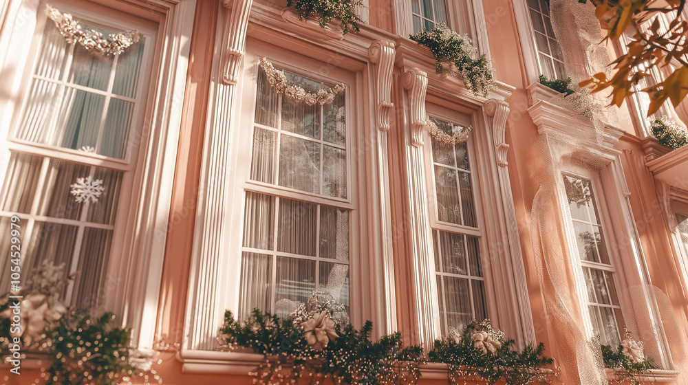 Whimsically Adorned House Facade: A Soft and Charming Display of Delicate Decorations for the Holidays Whimsically Adorned House Facade: A Soft and Charming Display of Delicate Decorations for the Holidays