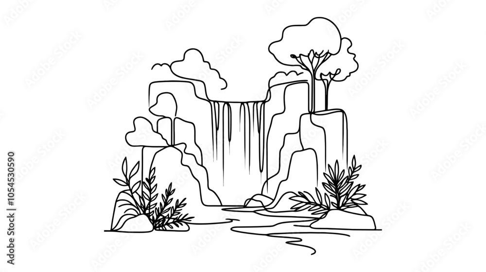 Obraz premium One continuous line illustration of a waterfall, isolated on white background.