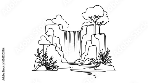 One continuous line illustration of a waterfall, isolated on white background.