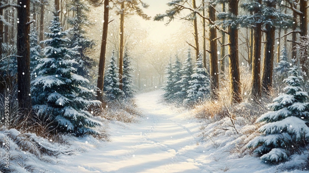 snowy forest trail with tall evergreen trees, gentle snowfall, misty morning light, perfect for winter promotional background