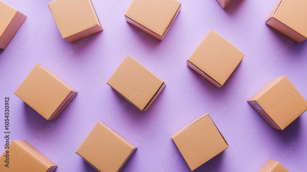 Brown boxes on a pastel lilac background, signifying transportation and delivery. Brown boxes on a pastel lilac background, signifying transportation and delivery.