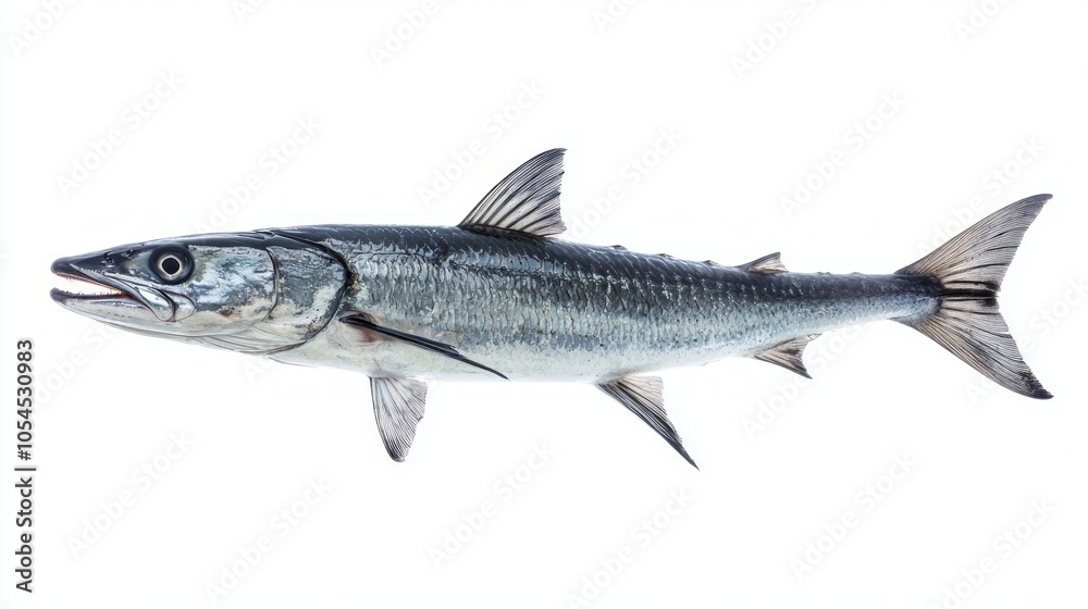 striking Barracuda known as Sphyraena is displayed against a crisp white backdrop highlighting its sleek form and sharp teeth typical of predatory fish. striking Barracuda known as Sphyraena is displayed against a crisp white backdrop highlighting its sleek form and sharp teeth typical of predatory fish.