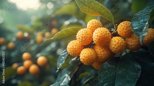 Close-up of yellow fruit on a branch with green leaves.