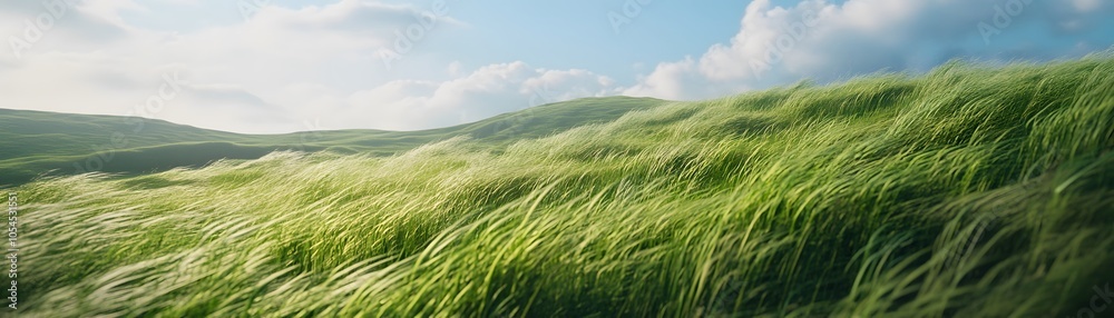 Windswept Grass on a Hillside with a Blue Sky and White Clouds Windswept Grass on a Hillside with a Blue Sky and White Clouds
