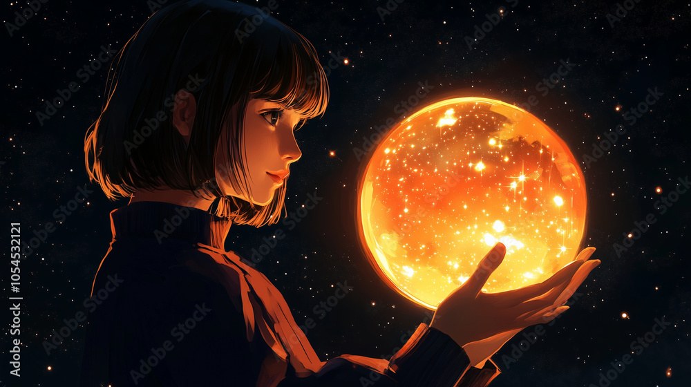 Girl contemplating a glowing orb, sparkling in her hands, set against a starry night sky Girl contemplating a glowing orb, sparkling in her hands, set against a starry night sky
