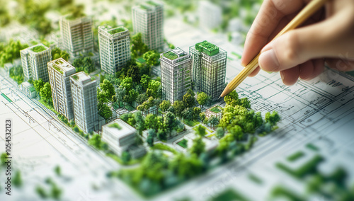 Progettare la città del futuro in modo sostenibile. ESG nelle costruzioni. Piano di costruzione. Matita che progetta la città del futuro. photo