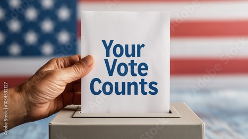 Voter casting ballot in the elections, emphasizing the importance of participation and civic duty, American flag background photo