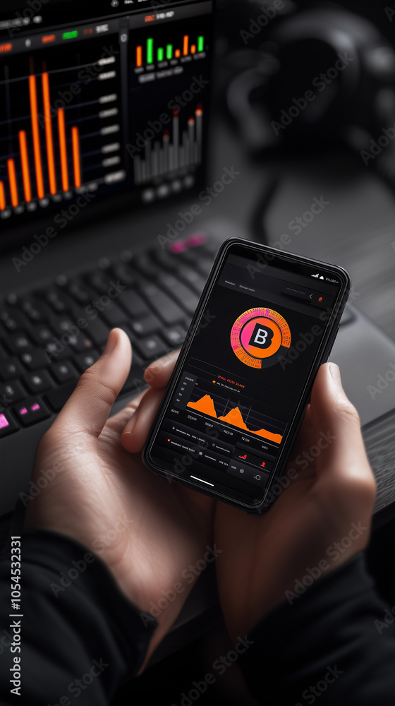hands holding a smartphone in a cryptocurrency market, specifically focusing on bitcoin during a bullish market