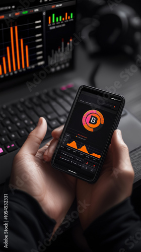 Obraz na płótnie hands holding a smartphone in a cryptocurrency market, specifically focusing on bitcoin during a bullish market w salonie