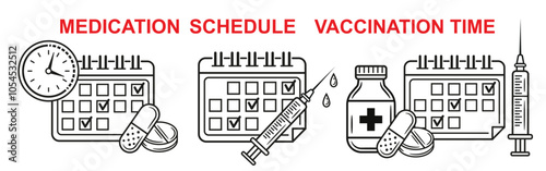Medication schedule, medicine vaccination calendar, medical pill time take reminder, medicament timetable line icon. Pharmacy tablets, medicinal health vitamin capsules. Vaccine injection plan vector