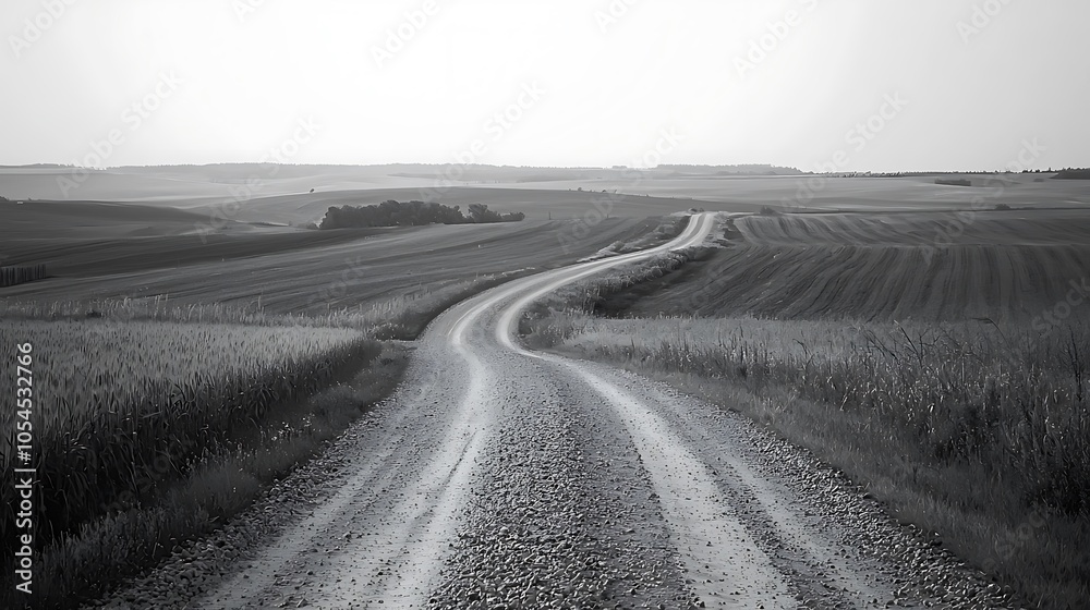 Fototapeta premium Gravel road winds through a peaceful countryside setting. Rolling fields blend into the distant horizon.